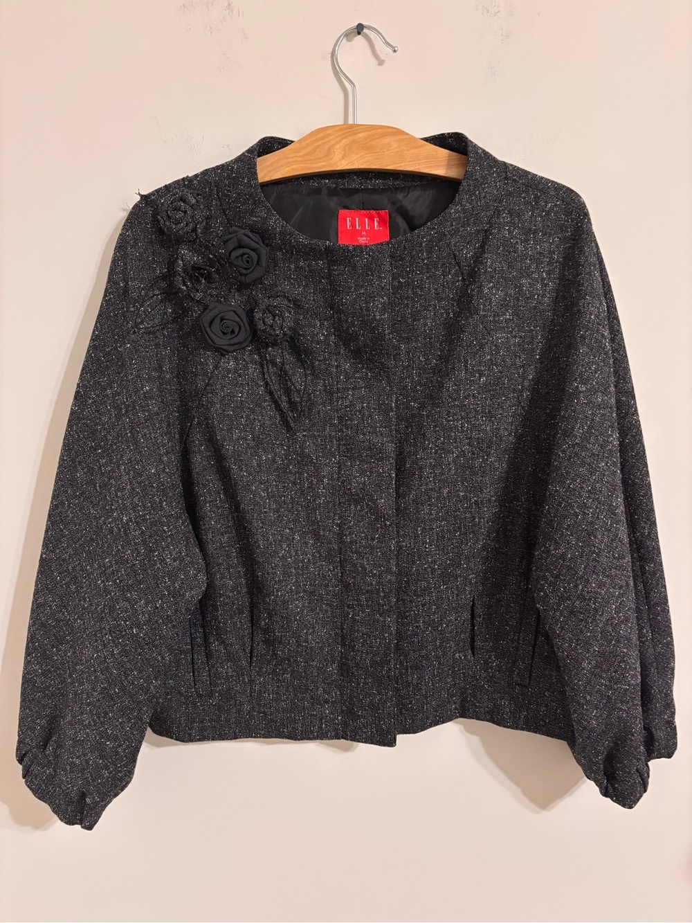 Elle black & grey tweed jacket with fabric flower shoulder embellishments
